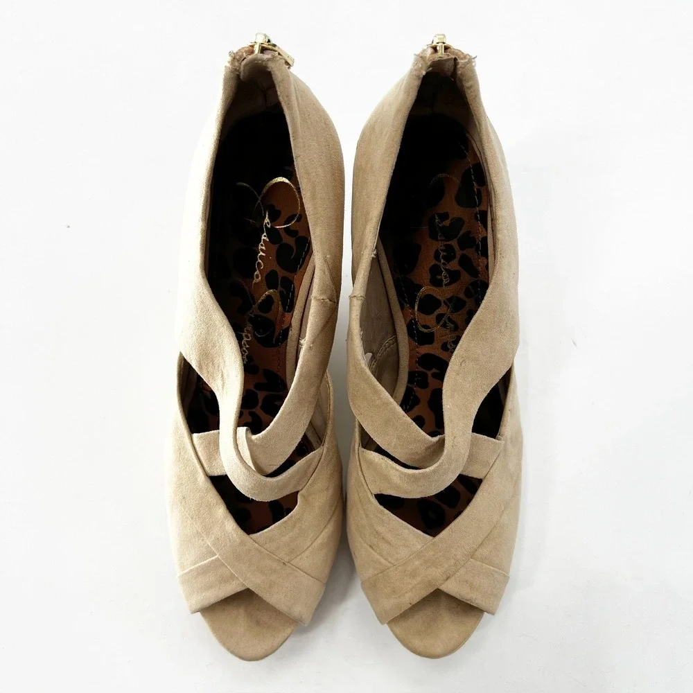 Jessica Simpson Wedges Heels Platforms Peep Toe‎ Criss Cross Tan Shoes Sz 7B